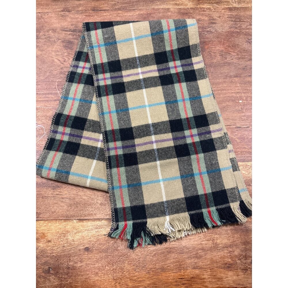Vintage Plaid Acrylic Scarf With Fringe - Beige Black & Multicolor - Made In Tai